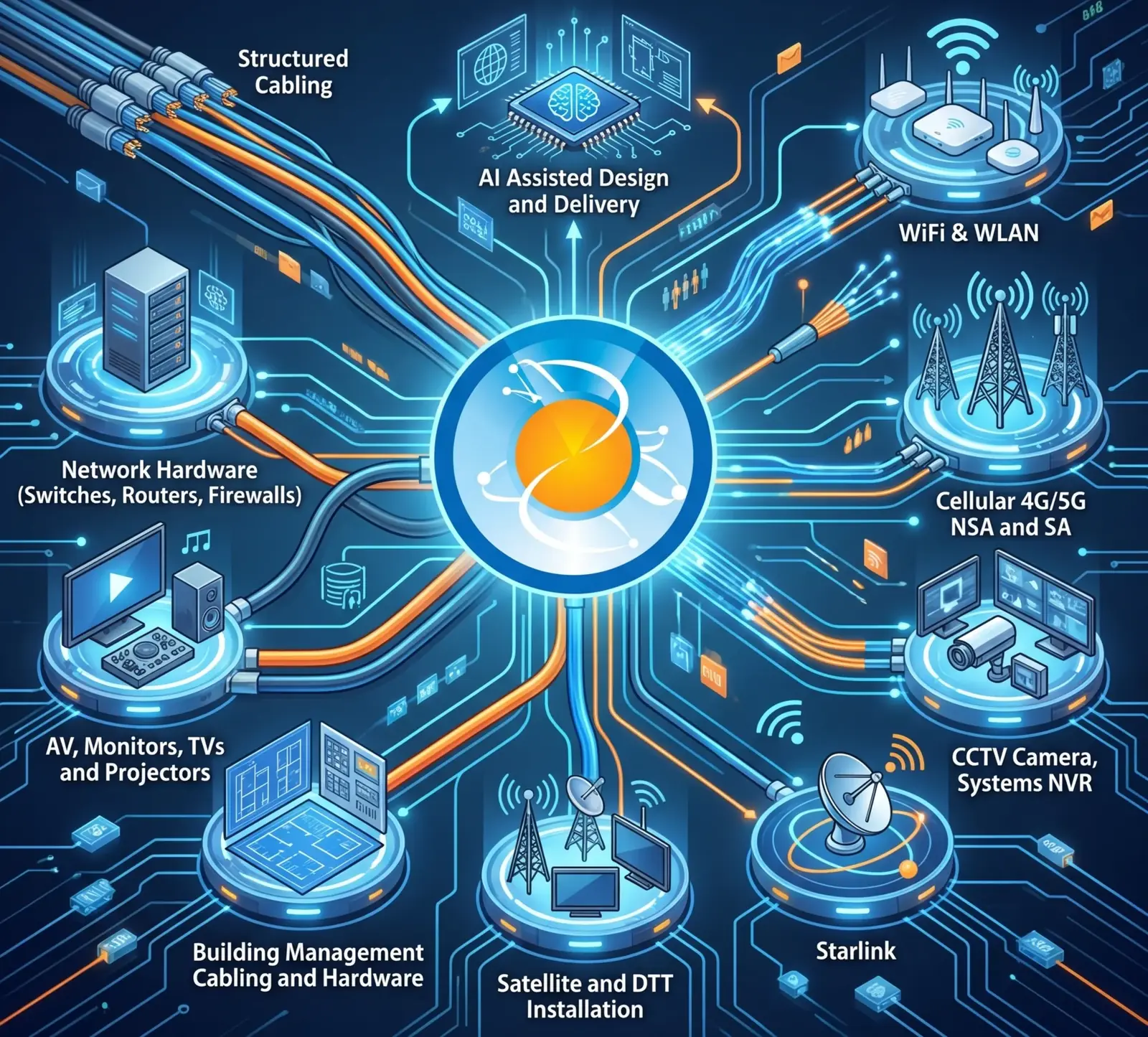 AB Technologies service hub diagram connecting structured cabling, WiFi, cellular, CCTV, Starlink and more